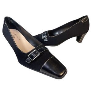 AK ANNE KLEIN iflex 9 M Black Fabric Heels Pumps Buckle Slip On Square Toe
